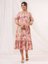 Janasya Women's Pink Pure Cotton Floral Printed A line Dress